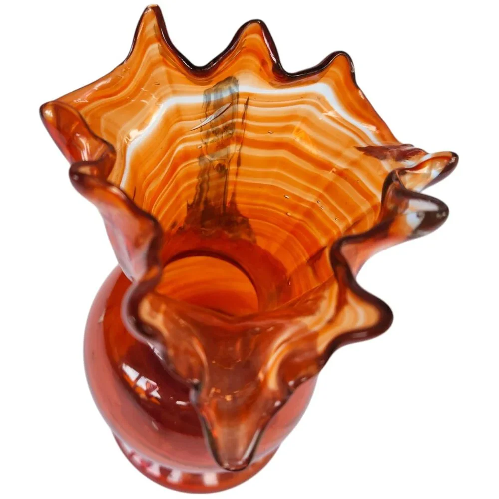 Vintage Fenton Orange Swirl Ruffled Fluted Pitcher Vase 7” x 3” Blue Tint Handle